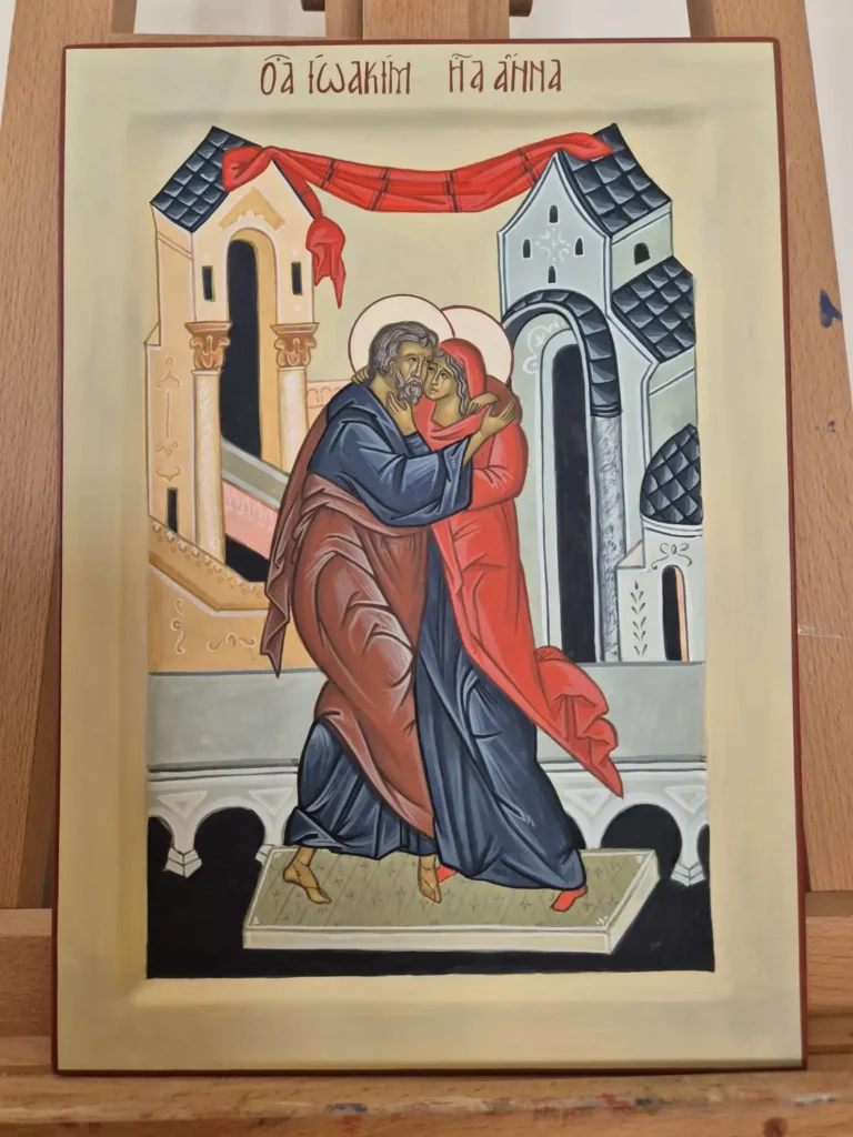 Icono de San Joaquín y Santa Ana abrazándose en la Puerta Dorada, pintado a mano
