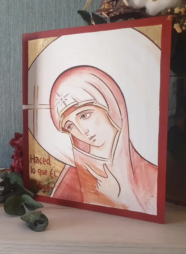 Icono de la Virgen de Caná con la inscripción «Haced lo que él os diga», pintado a mano