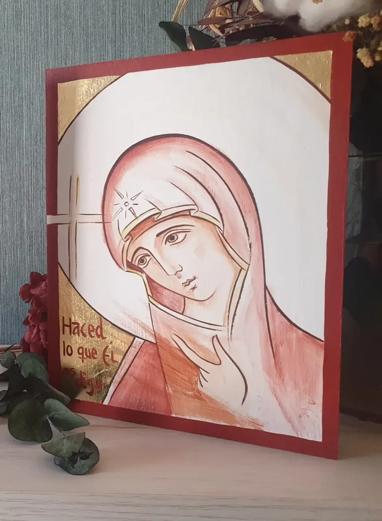 Icono de la Virgen de Caná con la inscripción «Haced lo que él os diga», pintado a mano